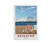 Brighton Romance Travel Poster Beach Pigeons Lounge Chairs Canvas Art Print Office Family Bedroom Decorative Posters Gift Wall Decor Poster 12x18inch(30x45cm) Unframe