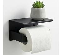 BrightOn Toilet Paper Holder with Shelf, Stainless Steel Wall-Mounted Toilet Roll Holder, Adhesive or Screw Installation, Matte Black