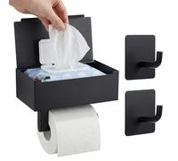 BrightOn Toilet Paper Holder with Tissue Box, Stainless Steel, Wall-Mounted, Adhesive or Screw Installation, Matte Black