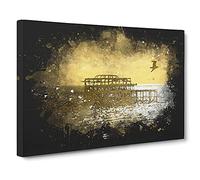 Brighton West Pier At Sunset Paint Splash Canvas Print | Gallery Wrapped 30mm Frame Wall Art | 30x20 inches | Ready to Hang | Modern Landscape Picture | Living Room Bedroom Lounge Office