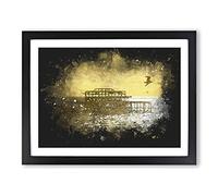 Brighton West Pier At Sunset Paint Splash Modern Art Framed Print | A2 Black Framed Wall Art | Ready to Hang | Modern Landscape Picture | Living Room Bedroom Lounge Office
