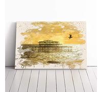 Brighton West Pier Beach Seascape Sunset | Canvas Wall Art Print | Framed & Ready to Hang Picture | Modern Home Decor for Living Room, Bedroom, Kitchen or Office | 20x14 Inches