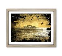 Brighton West Pier Beach Seascape Sunset Modern CB Framed Wall Art Print, Ready to Hang Picture for Living Room Bedroom Home Office Décor, Oak A3 (46 x 34 cm)