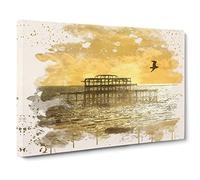 Brighton West Pier Beach Seascape Sunset Modern FC Canvas Print | Gallery Wrapped 30mm Frame Wall Art | 30x20 inches | Ready to Hang | Modern Seascape Picture | Living Room Bedroom Lounge Office