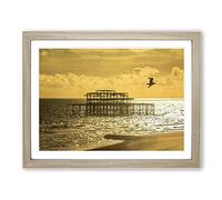 Brighton West Pier Beach Seascape Sunset Modern Framed Print | A2 Oak Framed Wall Art | Ready to Hang | Modern Beach Picture | Living Room Bedroom Lounge Office