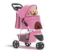 BRIGHTORIA Cat Dog Stroller,3-Wheels Pet Stroller for Medium/Puppy Dogs 30 Lbs, Cat Strollers for 1 Cats, Foldable Dog Stroller with Storage Basket and Cup Holder, Breathable Mesh Pink Polka Dots