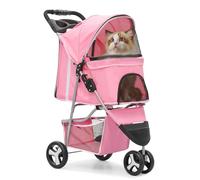 BRIGHTORIA Cat Dog Stroller,3-Wheels Pet Stroller for Medium/Puppy Dogs 30 Lbs, Cat Strollers for 1 Cats, Foldable Dog Stroller with Storage Basket and Cup Holder, Breathable Mesh Pink