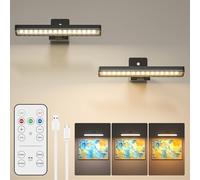 BrightWish 2 Pack Rechargeable Picture Lights for Wall, Battery Operated Wall Lights with Remote Control, 3 Color Temperatures and Timer Function, Art Lighting for Paintings, Frames & Dartboards