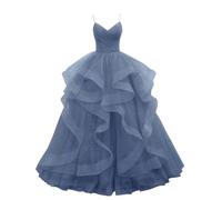BRIGOW Glitter Tulle Prom Dresses for Women Spaghetti Strap Tiered Ball Gown Ruffle Formal Evening Dress BY033 Dusty Blue UK8