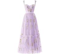 BRIGOW Plus Size Flower Embroidery Spaghetti Straps Graduation Ceremony Gowns A Line Tea Length Party Dress BY055 Purple UK28