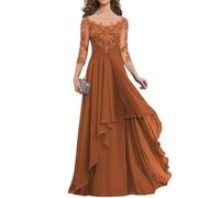 BRIGOW Women's Chiffon Lace Appliques Wedding Guests Dresses 3/4 Sleeve Pleated Celebrity Dress with Pockets BY145 Burnt Orange UK16