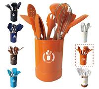 BRIIEC Orange Silicone Kitchen Cooking Utensils Set, Heat Resistant Silicone Kitchen Gadgets Utensils Set with Wooden Handle,Silicone Spoons Spatula Whisk with Holder for Nonstick Cookware