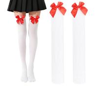Briking White Thigh High Socks, 1 Pair Knee High Socks with Red Satin Bow Opaque Bow Lace Over Knee Socks Cozy White Stockings for Women Ladies Xmas Halloween Fancy Dress Valentine Favors