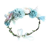 Brikuinr Boho Flower Crown Floral Headband Garland Hair Wreath Hair Garland Flower Halo Floral Headpiece with Ribbon Wedding Party Festival Blue