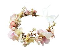 Brikuinr Floral Crown Wreath Pearl Flower Headband Hair Wreath Hair Garland Flower Halo Floral Headpiece with Ribbon Wedding Party Festival Pink