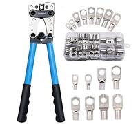 Brileine Battery Cable Crimping Tool Kit from AWG 1/0-8 with 60PCS Copper Ring Terminals 8 Sizes Battery Cable Lug Crimper for Heavy Duty Wire Lugs, Battery Terminal, Copper Lugs(Set Blue)