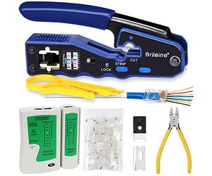 Brileine RJ45 Crimp Tool Pass Through - Ethernet Crimper Cat5 Cat5e CAT6 Crimping Tool Kit, 50PCS CAT5e CAT6 Pass Through Connectors, LAN Network Cable Tester