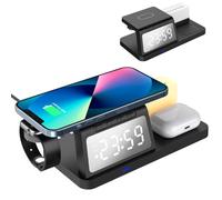 BRILLESS 5 in 1 Wireless Charger Stand with Digital Clock & Night Light, 15W Fast Charging Station Compatible with iPhone, Android Samsung, Qi-Enabled Devices, Type-C Powered