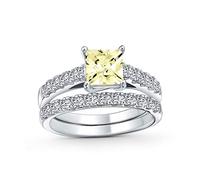 Brilliant Canary Yellow Cubic Zirconia Square Princess Cut Solitaire Cathedral Setting Thin Eternity Pave Band AAA CZ Anniversary Engagement Wedding Ring Set .925 Sterling Silver