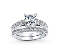 Brilliant Cubic Zirconia Square Princess Cut Solitaire Cathedral Setting Thin Eternity Pave Band AAA CZ Anniversary Engagement Wedding Ring Set .925 Sterling Silver