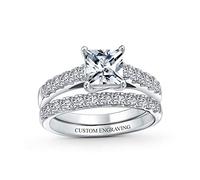 Brilliant Cubic Zirconia Square Princess Cut Solitaire Cathedral Setting Thin Eternity Pave Band AAA CZ Anniversary Engagement Wedding Ring Set .925 Sterling Silver Custom Engraved