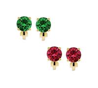 Brilliant Cut Set of 2 Simulated Gemstone Emerald Green Ruby Red Solitaire Round Cubic Zirconia CZ Clip On Stud Earrings For Women Non Piercing Gold & Silver Plated Brass