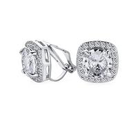 Brilliant Cut Solitaire Round Cubic Zirconia CZ Square Halo Clip On Stud Earrings For Women Non Piercing Silver Plated Brass