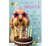 Brilliant Daughter Funny Birthday Card - Party Cockapoo and Birthday Cake with Foil Details - Eco-Friendly and Recyclable - by Darkroom