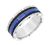 Brilliant Expressions Men’s 8mm Tungsten Carbide Wedding Band - White & Black Tungsten with Blue Ceramic Inlay, Flat Profile Comfort Fit Ring, Scratch Resistant, Hypoallergenic, Tungsten Carbide, No