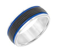 Brilliant Expressions Men’s Tungsten Carbide Wedding Band 8mm Black & White with Blue Stripes, Polished Beveled Edges, Comfort Fit, Tungsten Carbide, No Gemstone