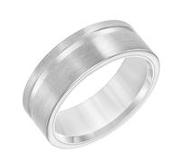 Brilliant Expressions Men’s Tungsten Carbide Wedding Band - 8mm White & Grey Satin Finish Ring with Flat Profile, Polished Round Edges, Comfort Fit, Scratch Resistant & Hypoallergenic, Tungsten