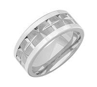 Brilliant Expressions Men’s Tungsten Carbide Wedding Band - 9mm White Tungsten & Silver Ring with Unique Textured Exterior Design, Comfort Fit, Scratch Resistant & Hypoallergenic, Tungsten Carbide, No