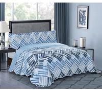 Brilliant Sunshine Blue and Grey Stripe Blocks Patchwork, 3-Piece Quilt Set with 2 Shams, Reversible Bedspread, Soft Lightweight Coverlet, All-Season, King, Blue Grey