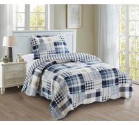 Brilliant Sunshine Blue Plaids and Stripes Patchwork, 2-Piece Quilt Set with 1 Sham, Reversible Bedspread, Soft Lightweight Coverlet, All-Season, Twin, Blue