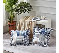 Brilliant Sunshine Blue Plaids and Stripes Patchwork Ruffle Pillowshams, Quilted Decorative Pillow Covers Set, Square Throw Cushion Cases for Couch, Reclining Chair, Bed, 18x18, Pack of 2, Blue