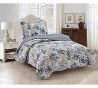 Brilliant Sunshine Blue Toile in Beige and Ivory Patches, 2-Piece Quilt Set with 1 Sham, Reversible Bedspread, Soft Lightweight Coverlet, All-Season, Twin, Blue