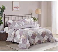 Brilliant Sunshine Lilac and Beige Rose Patchwork, 3-Piece Quilt Set with 2 Shams, Reversible Bedspread, Soft Lightweight Coverlet, All-Season, King, Lilac