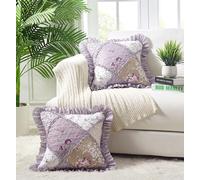 Brilliant Sunshine Lilac and Beige Rose Patchwork Ruffle Pillowshams, Quilted Decorative Pillow Covers Set, Square Throw Cushion Cases for Couch, Reclining Chair, Car, Bed, 18x18, Pack of 2, Lilac