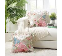 Brilliant Sunshine Multi Flowers Ruffle Pillowshams, Quilted Patchwork Decorative Pillow Covers Set, Square Throw Cushion Cases for Couch, Chair, Car, Bed, 18x18, Pack of 2, Peach Olive