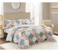 Brilliant Sunshine Peach and Olive Flowers Patchwork, 3-Piece Quilt Set with 2 Shams, Reversible Bedspread, Soft Lightweight Coverlet, All-Season, King, Peach Olive