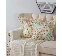 Brilliant Sunshine Pink and Green Rose Patchwork Quilted Decorative Square Throw Pillow Covers Set with Ruffles Cushion Case for Couch Sofa Bed, 18x18, Pack of 2, Pink Green