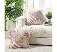 Brilliant Sunshine Pink Rosette and Stripes Patchwork Ruffle Pillowshams, Quilted Decorative Pillow Covers Set, Square Throw Cushion Cases for Couch, Armchair, Car, Bed, 18x18, Pack of 2, Rose