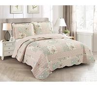 Brilliant Sunshine Traditional Rose and Sage Patchwork, with Rose Bud Patch Frames, 3-Piece Quilt Set with 2 Shams, Reversible Bedspread, Lightweight Coverlet, All-Season, Full/Queen, Light Rose Sage