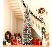 BrilliantJo Christmas Tree 5ft Artificial white Snow with Light and Balls Pop Up Collapsible Stand for Xmas Holiday Party Decorations, Home Office Display, 150cm, Green