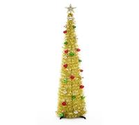 BrilliantJo Christmas Tree 5ft Artificial with Light and Topper Star Ball Pop Up Collapsible Stand for Xmas Holiday Party Decorations, Home Office Display, 150cm, Gold