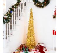 BrilliantJo Christmas Tree 5ft Artificial with Light and Topper Star Pop Up Collapsible Stand Tinsel Shiny Sequins for Xmas Holiday Party Decorations, Home Office Display, 150cm, Gold