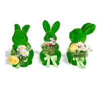 BrilliantJo Figurines Spring Decor Gift for Women Cute Decoration Moss Bunny Large Rabbit Kit Holding flowers Set of 3(10") Green Desk Mother's Day Holiday Birthday for Home Office Garden