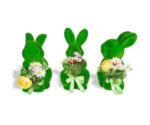 BrilliantJo Figurines Spring Decor Gift for Women Cute Decoration Moss Bunny Large Rabbit Kit Holding flowers Set of 3(10") Green Desk Mother's Day Holiday Birthday for Home Office Garden