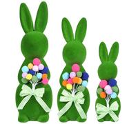 BrilliantJo Figurines Spring Decor Gift for Women Decoration Moss Bunny Large Rabbit Kit Holding Balloons Flowers Set of 3(15",13",10") Green Desk Mother's Day Holiday Birthday for Home Office Garden
