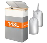 BrilliantJo Large Double Laundry Hamper with lid, 143L Laundry Basket Washing Basket with Removable Bag & Bamboo Handles, Foldable Laundry Bin Organizer, 73H x 53Lx 37W cm, Beige+Grey
